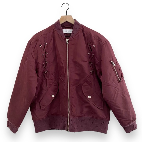 IRO Jean Ilisa Lace Up Bomber Jacket In Distressed Plum Size 40/Large - Picture 2 of 10